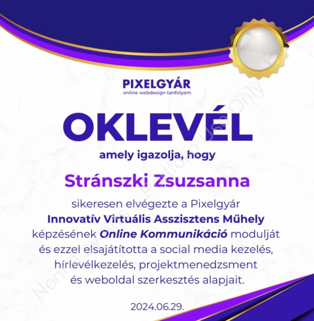 VA Online Kommunikáció oklevél